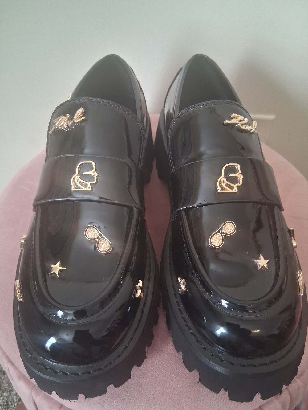 KARL LAGERFELD PARIS Gaston Rocker Almond Toe Patent Leather Lug Loafers Size 8 - Picture 5 of 11